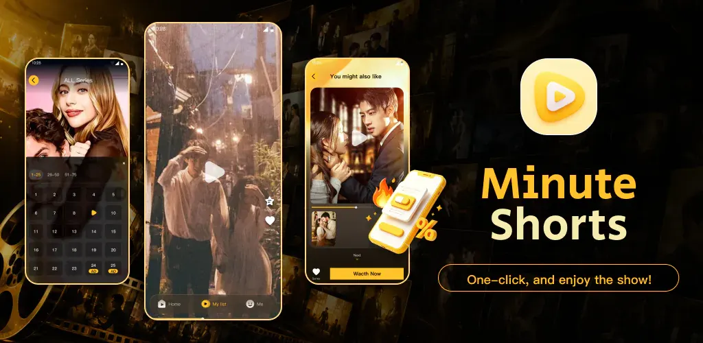 Minute Shorts app screens and yellow play icon